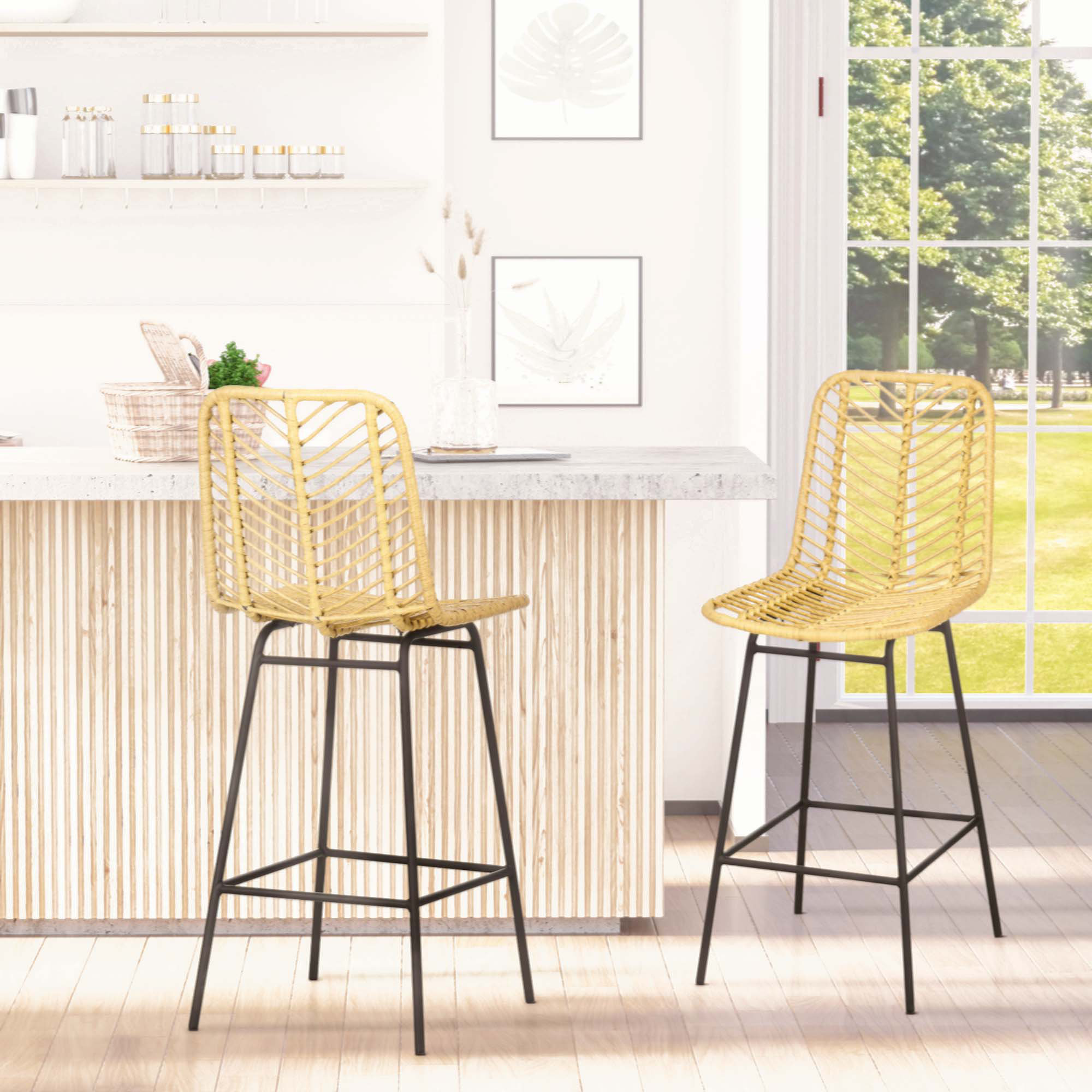 Bayou Breeze Rattan Bar Stools Set Of 2, 26" Counter Height Barstools, Boho Kitchen Island ...